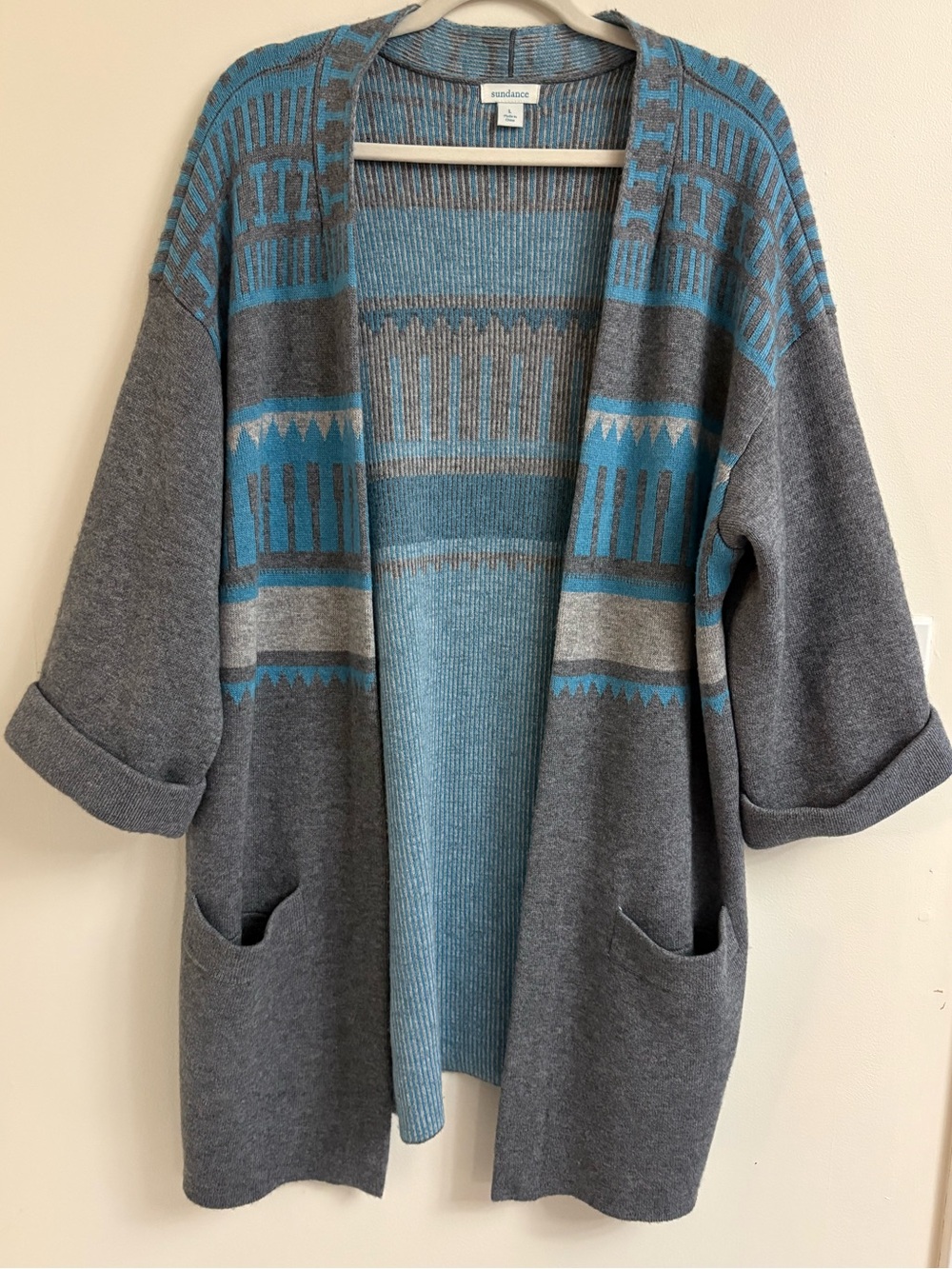 Sundance Quiet Isle Cashmere Wool Boho Duster Cardigan L Fair Isle Sweater open - Picture 2 of 10